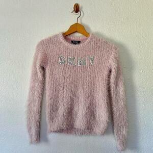DKNY y2k baby pink silver sequin fuzzy logo sweater M